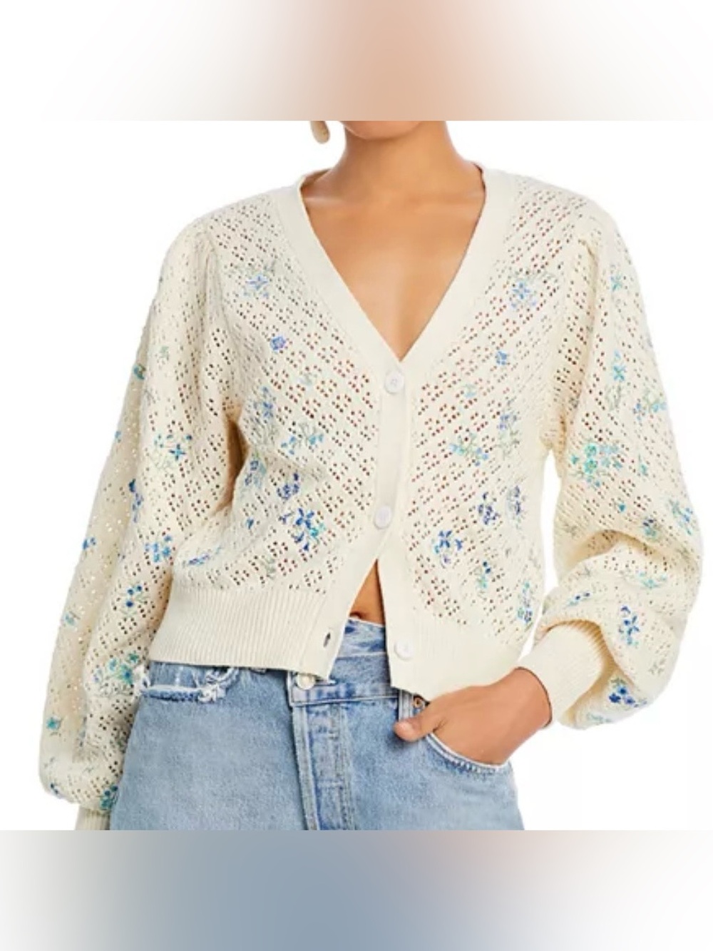 AQUA Crochet Pointelle Cardigan Blue Floral 💙Sweater Button-Up Medium